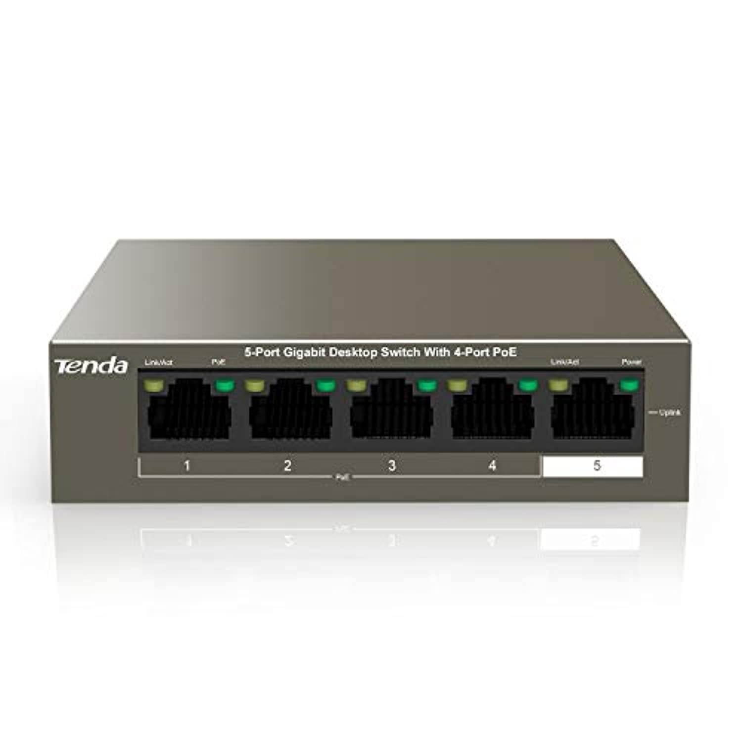 Tenda 5-Port Gigabit PoE Switch | 4 PoE + 1 Uplink Port | Unmanaged Ethernet Switch | Plug and Play | Metal | Fanless | Traffic Optimization (TEG1105P-4-63W)