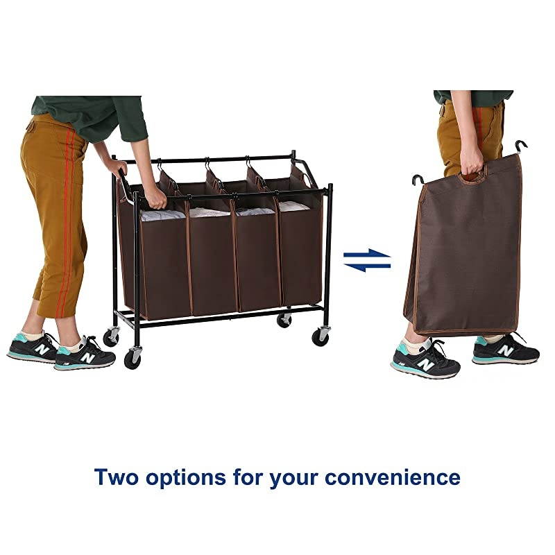 Rolling Laundry Cart Sorter Basket Hamper, with 4 Removable Bags, Casters and Brakes, Brown