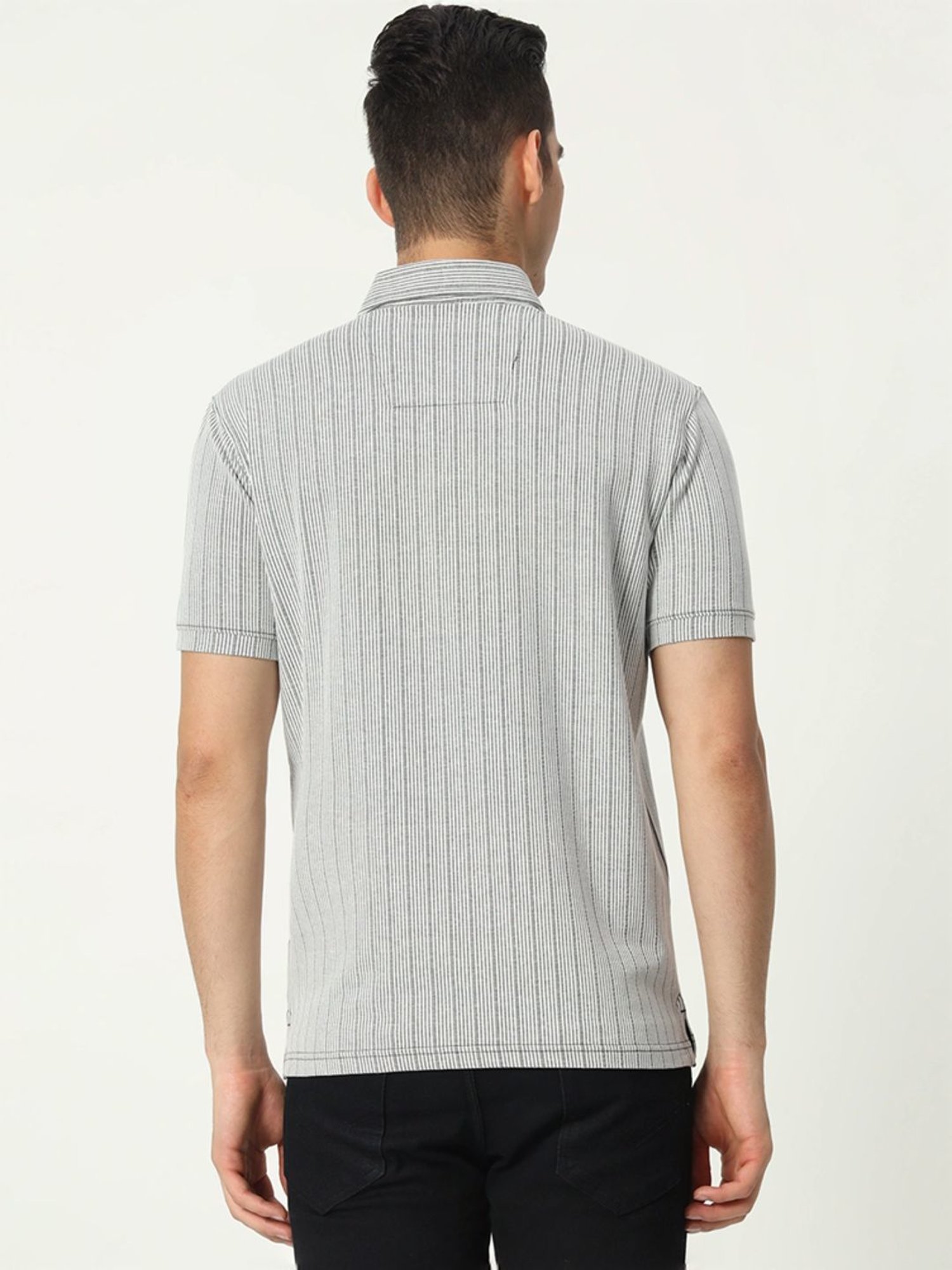 Tab91 Grey Regular Fit Striped Polo T-Shirts