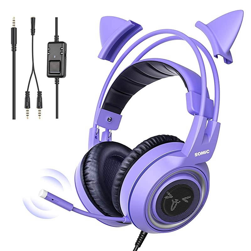 G951S Purple Stereo Gaming Headset with Mic for PS4 Xbox One PC Phone Detachable Cat Ear 35MM Noise Reduction Headphones Lightweight Computer Gaming Headphone SelfAdjusting Gamer Headsets