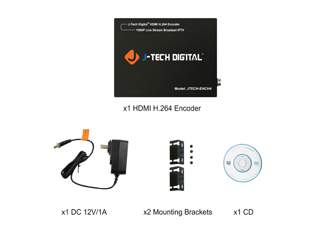 J-Tech Digital H.264 1080p@60Hz Encoder Supports RTSP, RTP, RTMPS, RTMP, HTTP, UDP Protocol and ONVIF for IPTV, Live Broadcast Supports YouTube, Facebook, Twitch [JTECH-ENCH4]