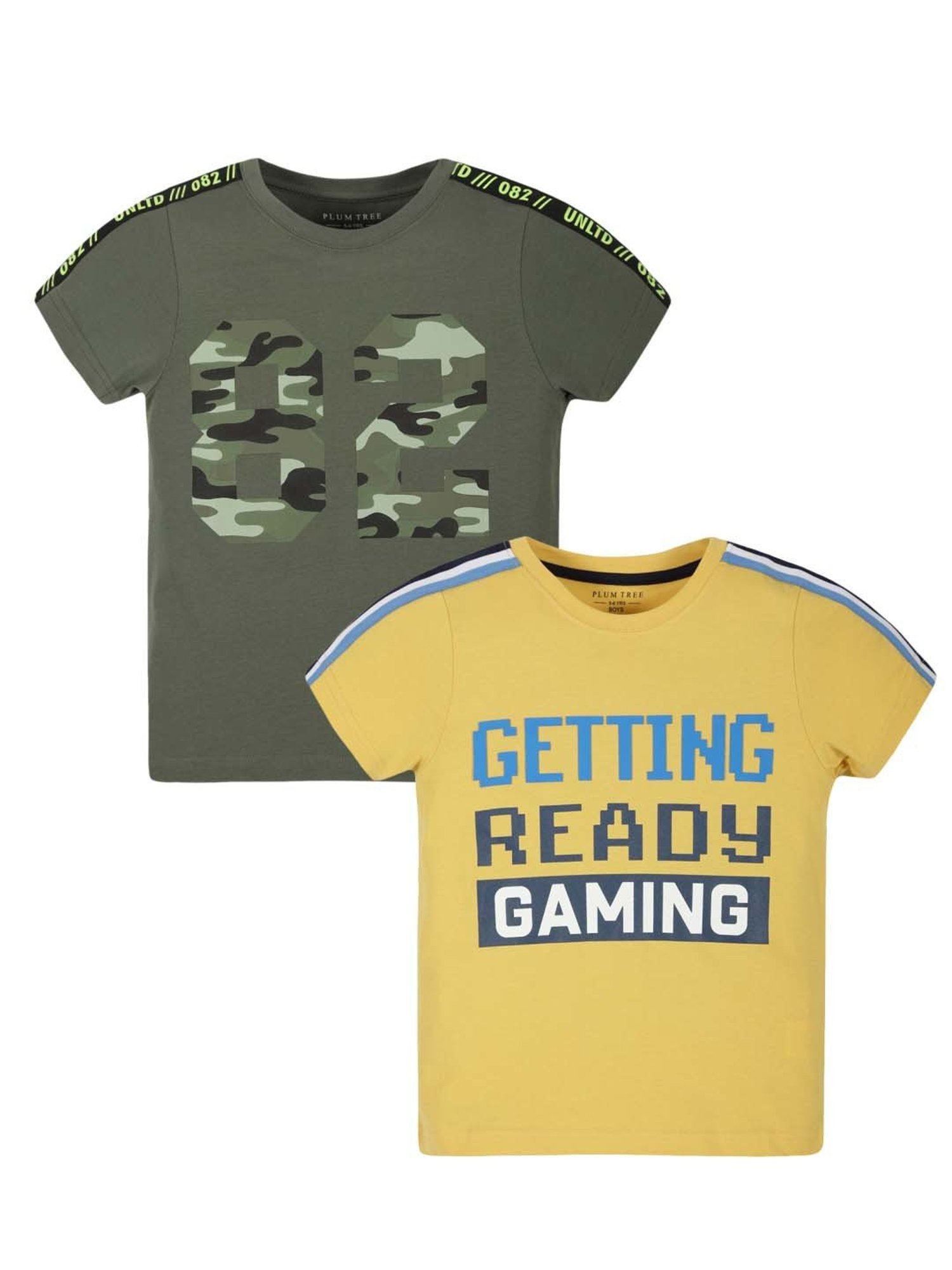 Plum Tree Kids Yellow & Grey Cotton Printed T-Shirt (Pack of 2)