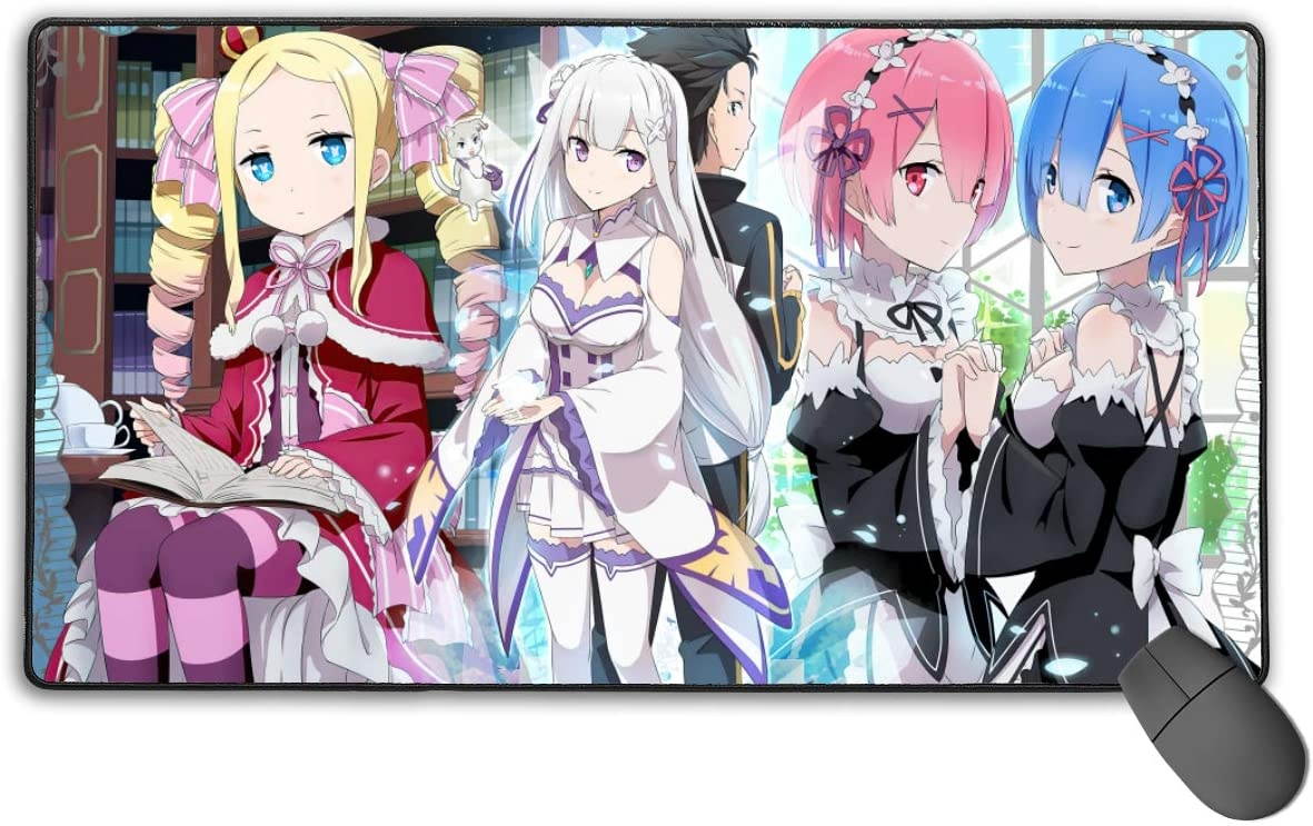 Re Zero Anime Mouse Pad Gaming Mouse Pads Non-Slip Rubber Base Mouse Pad Desk Accessories Keyboard Pad Large Size (29.5x15.8 in / 75x40cm) for Work Gaming Office Home