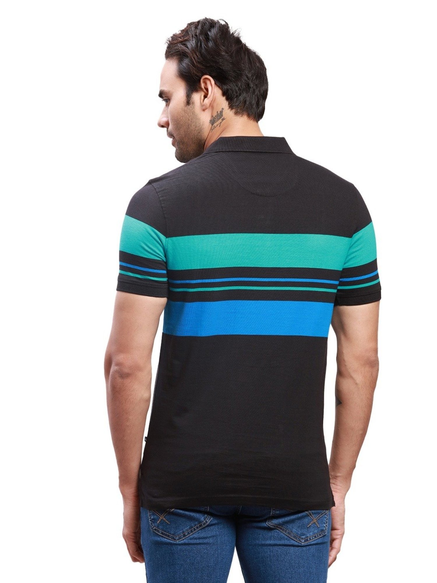 Parx Black Cotton Regular Fit Colour Block Polo T-Shirt