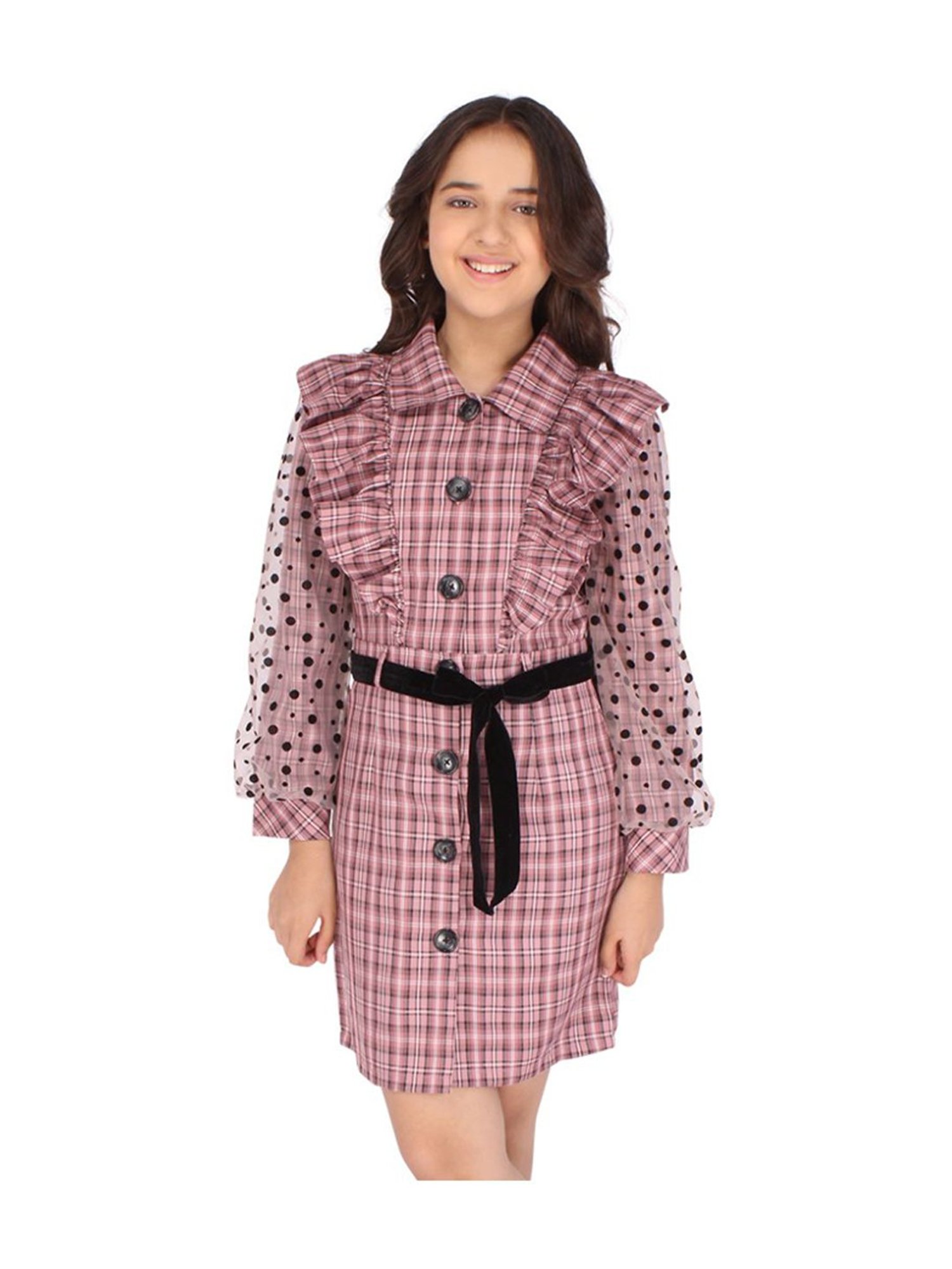 Cutecumber Kids Dusty Pink Chequered Full Sleeves Dress