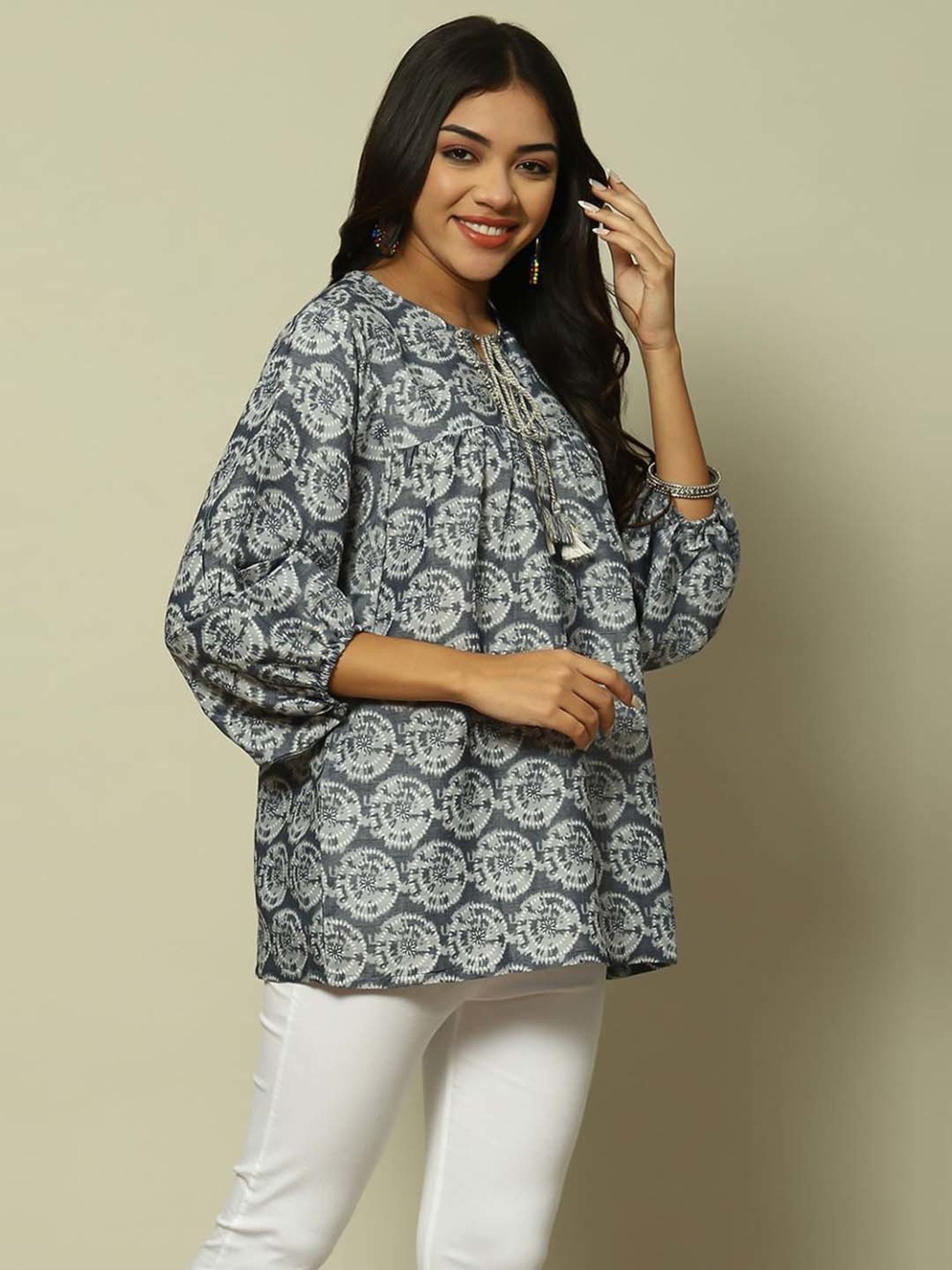 Rangriti Grey Cotton Printed Top