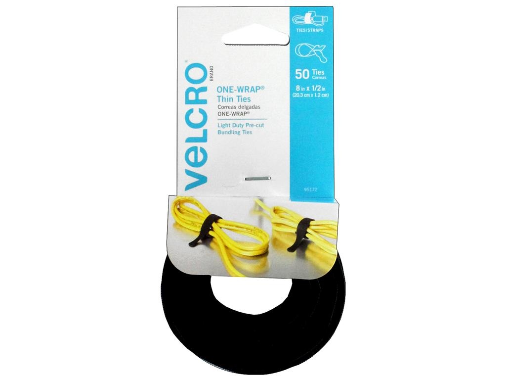 Velcro Brand One-Wrap Pre-Cut Thin Ties, 0.5" X 8", Black, 50/Pack 95172