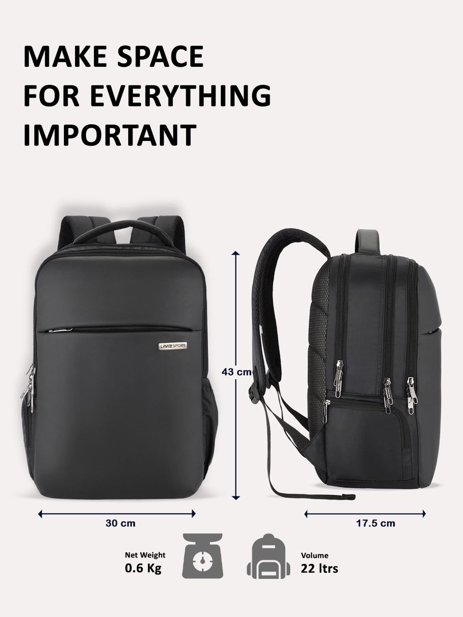 Lavie Sport Prodigy 22L Laptop Unisex Backpack For Men & Women Backpack for Girls & Boys (Black)