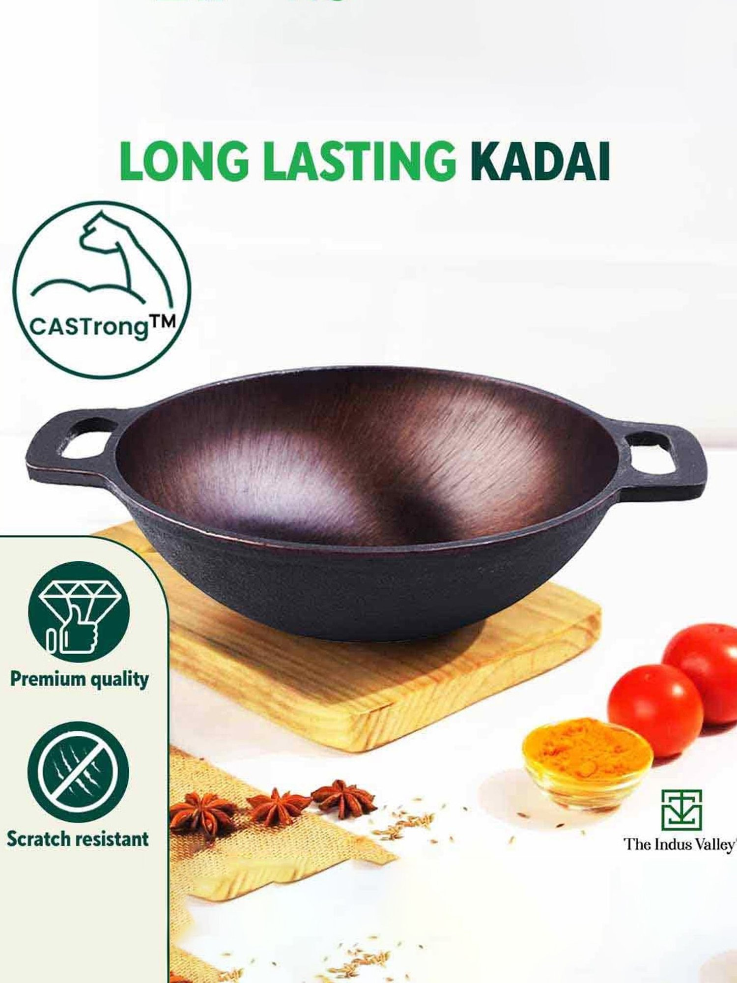 The Indus Valley Black Cast Iron Kadai with Free Wooden Flip (25.4cm,2.5L)