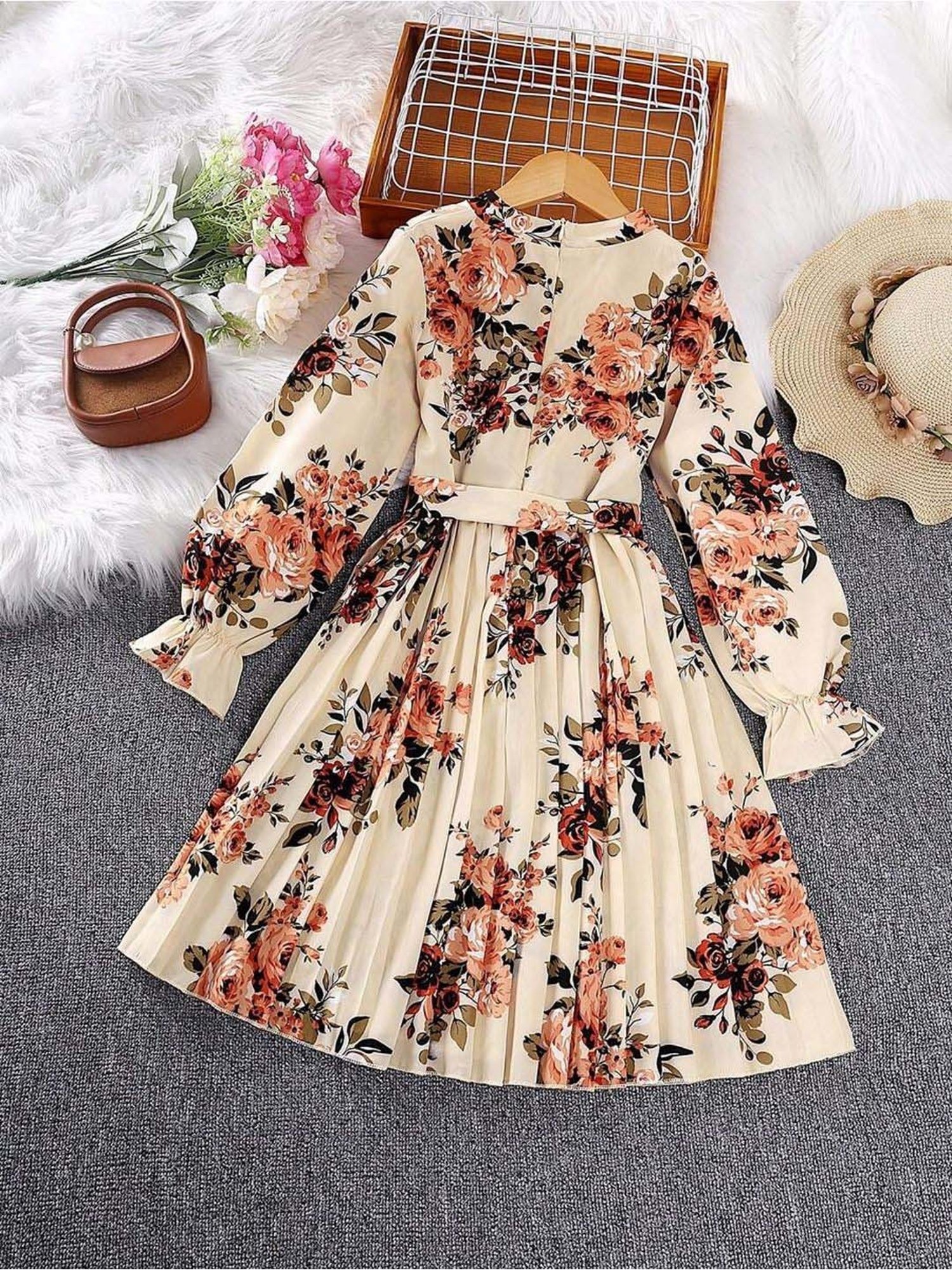 Bolly Lounge Girls Beige & Brown Floral Full Sleeves Dress