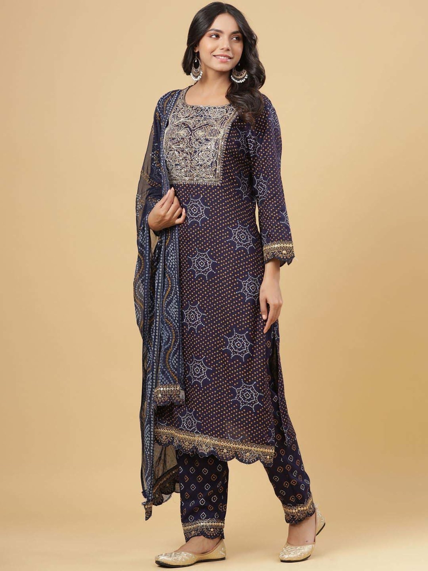 Juniper Navy Blue Bandhani Printed & Embroidered Rayon Kurta Pants Dupatta with Sequins & Zari Work