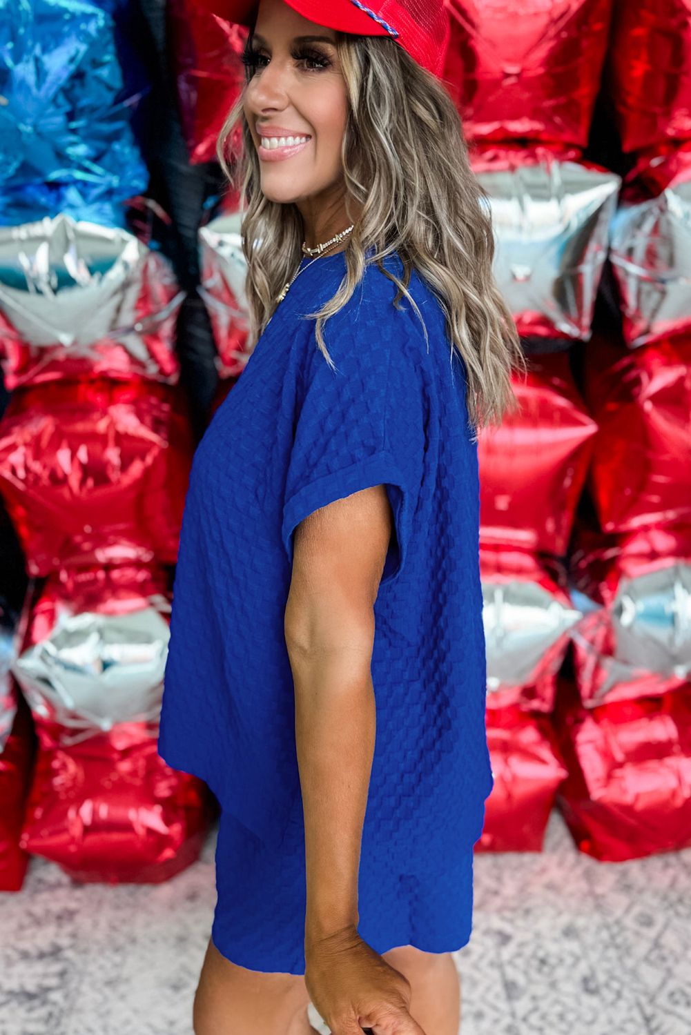 Skobeloff Textured Ruffle Split Top and Drawstring Shorts Set