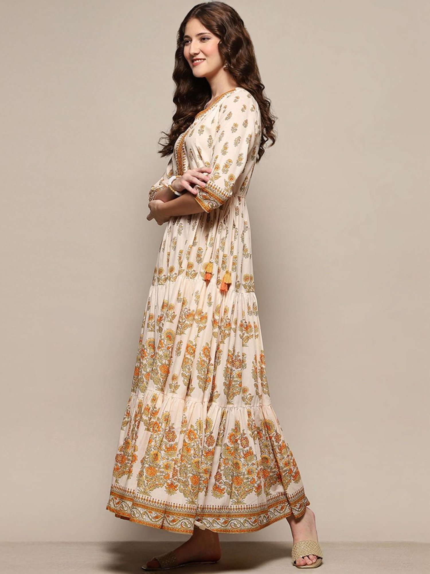 Biba Beige Cotton Floral Print Maxi Dress