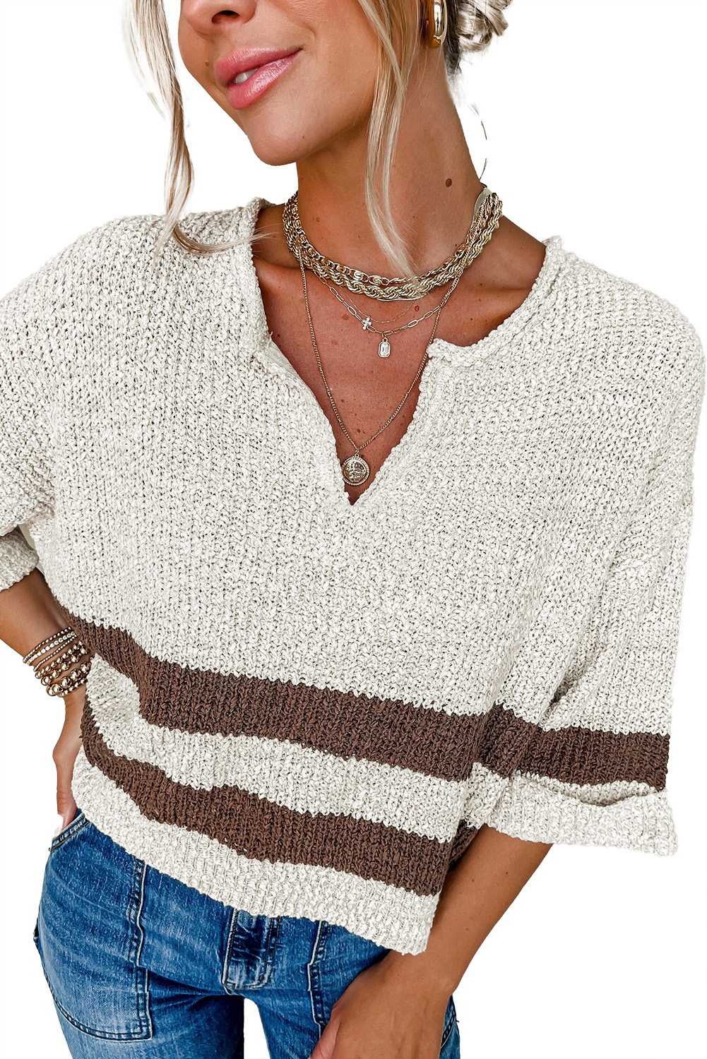 Light Blue Checkered Color Block Crew Neck Short Sleeve Sweater