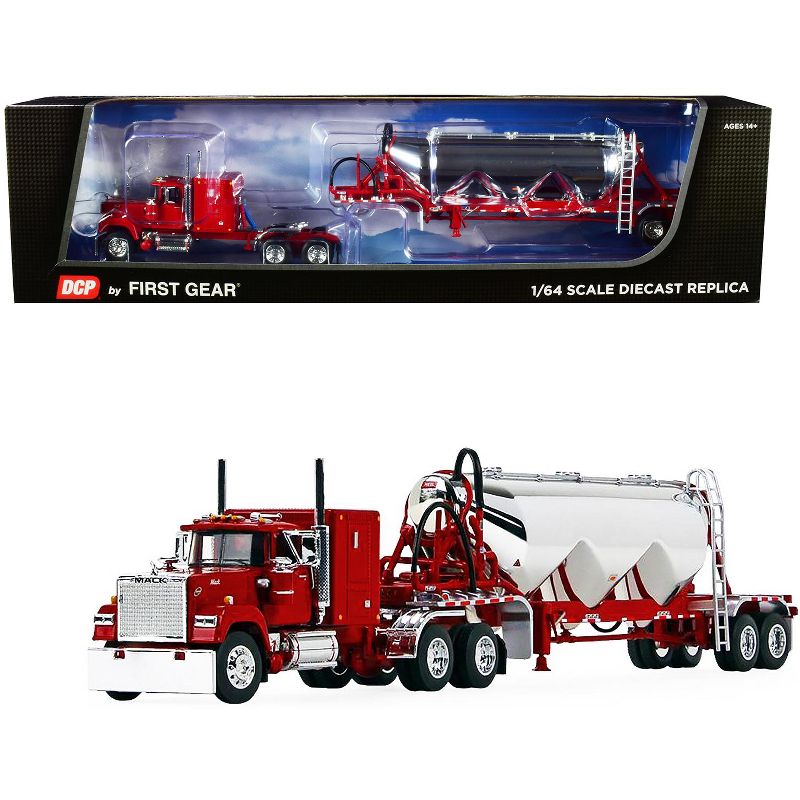 Mack Super-Liner with 60" Flattop Sleeper Cab & Heil 3-Drop Pneumatic Tank Trailer Red & Chrome 1/64 Diecast by DCP/First Gear