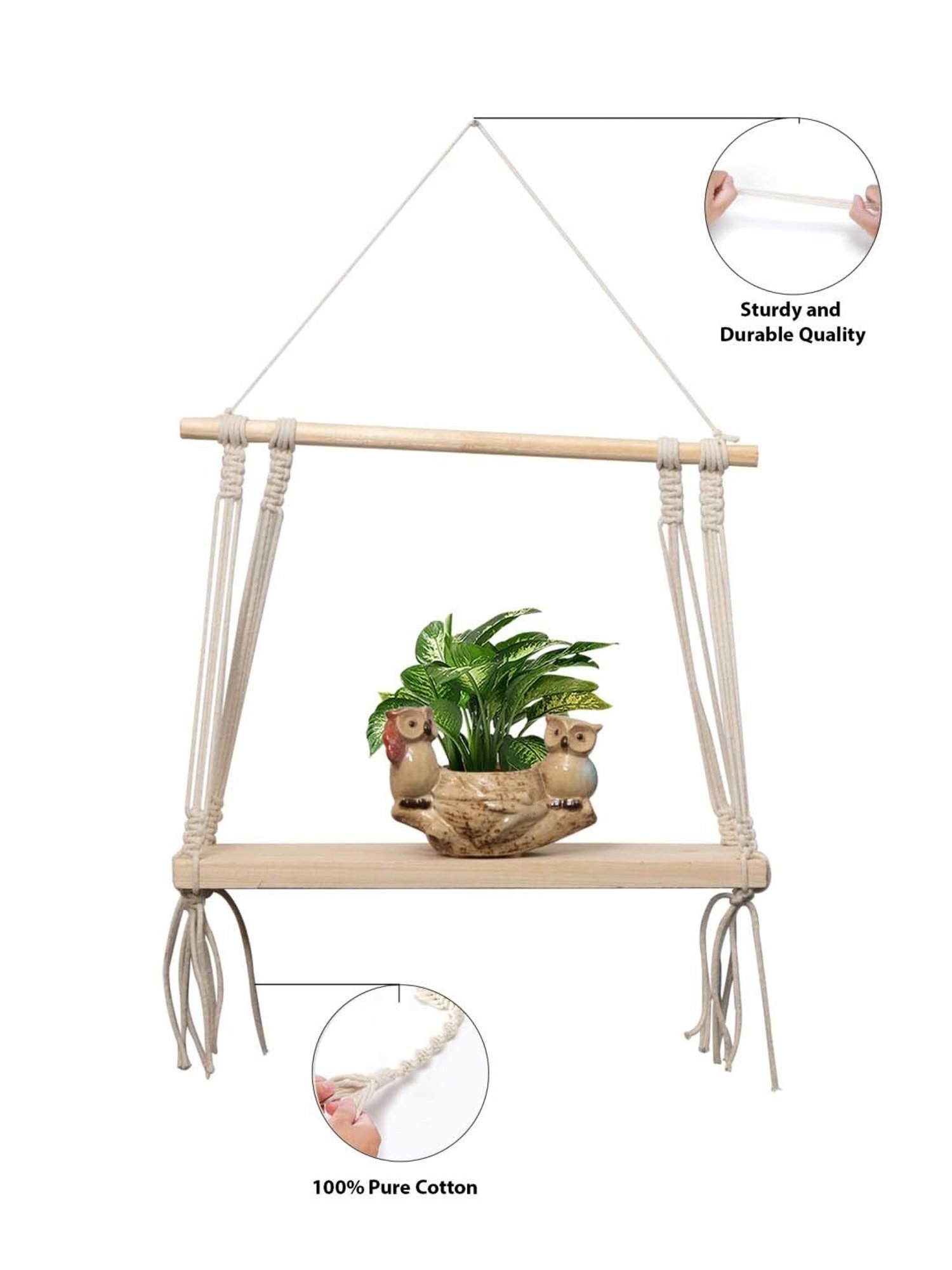 Homesake Macrame Beige Wood Wall Hanging Shelf