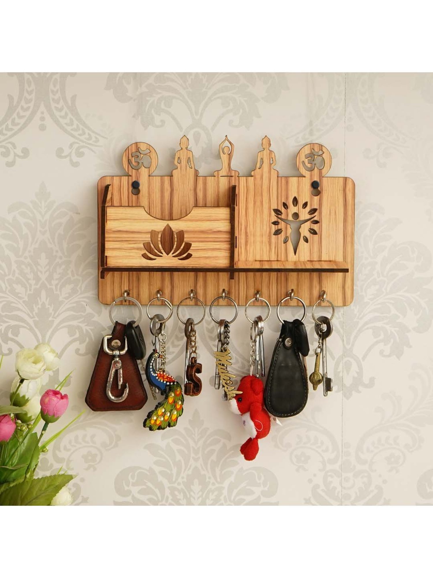 eCraftIndia Yoga Theme Multiutility 7 Hooks Wooden KeyHolder