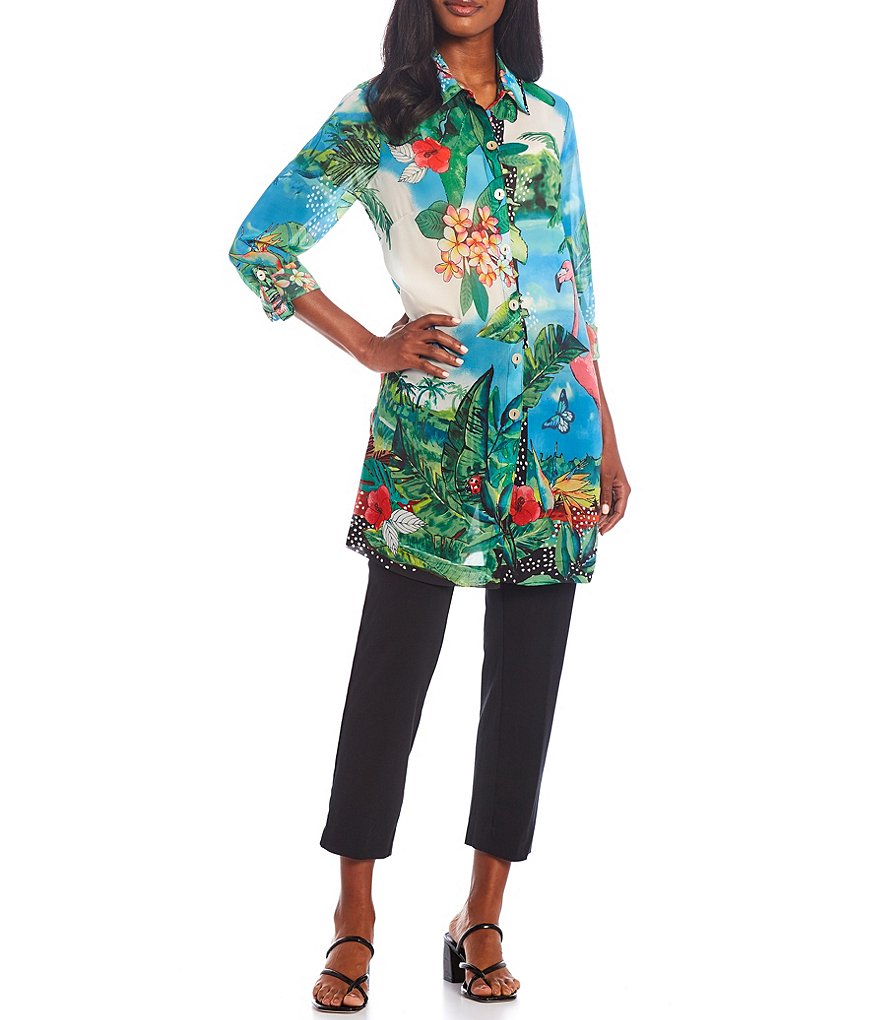 John Mark Button Front Georgette Tropical Print Side Slit Long Tunic