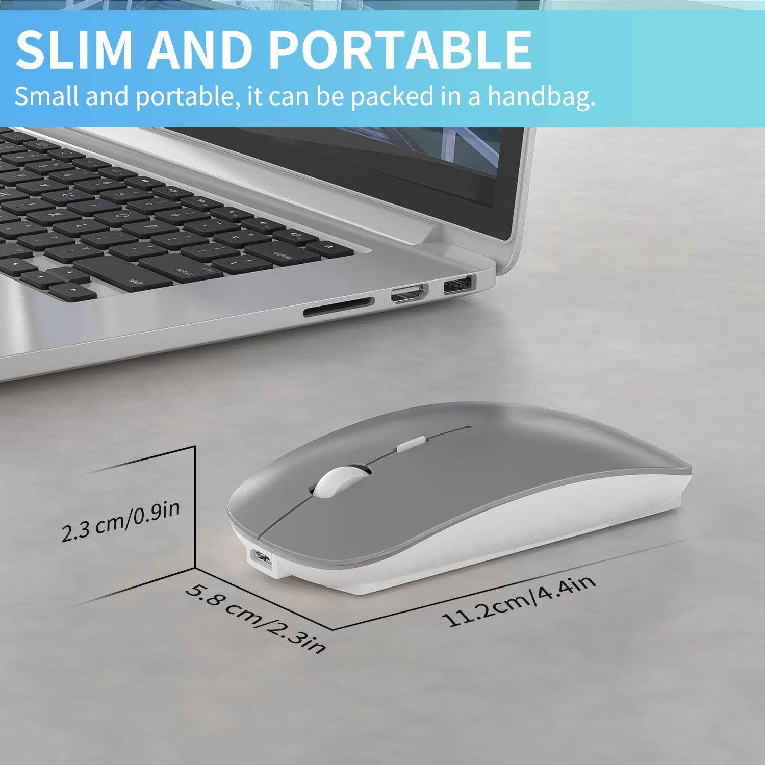 2.4GHz Wireless Bluetooth Mouse, 3 Adjustable DPI, Dual Mode Slim Rechargeable Wireless Mouse Silent USB Mice,Compatible for Laptop Windows Mac Android MAC PC Computer (Silver)
