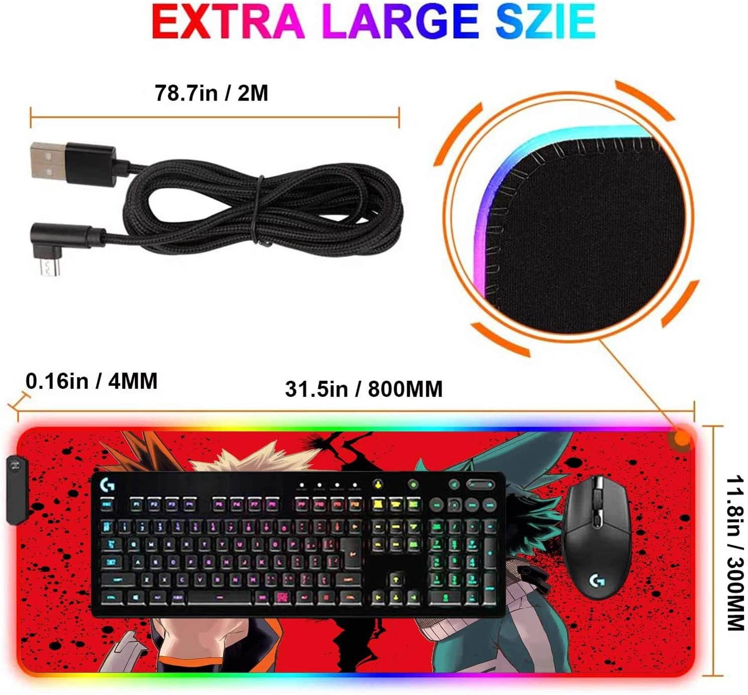 RGB Gaming Mouse Pad Anime My Hero Academia Bakugo and Deku,Mousepad with 12 Lighting Modes & Non-Slip Rubber Base-Laptop Glowing Desk Pads-Computer Keyboard and Mice Combo Pad Mat 31.5X11.8