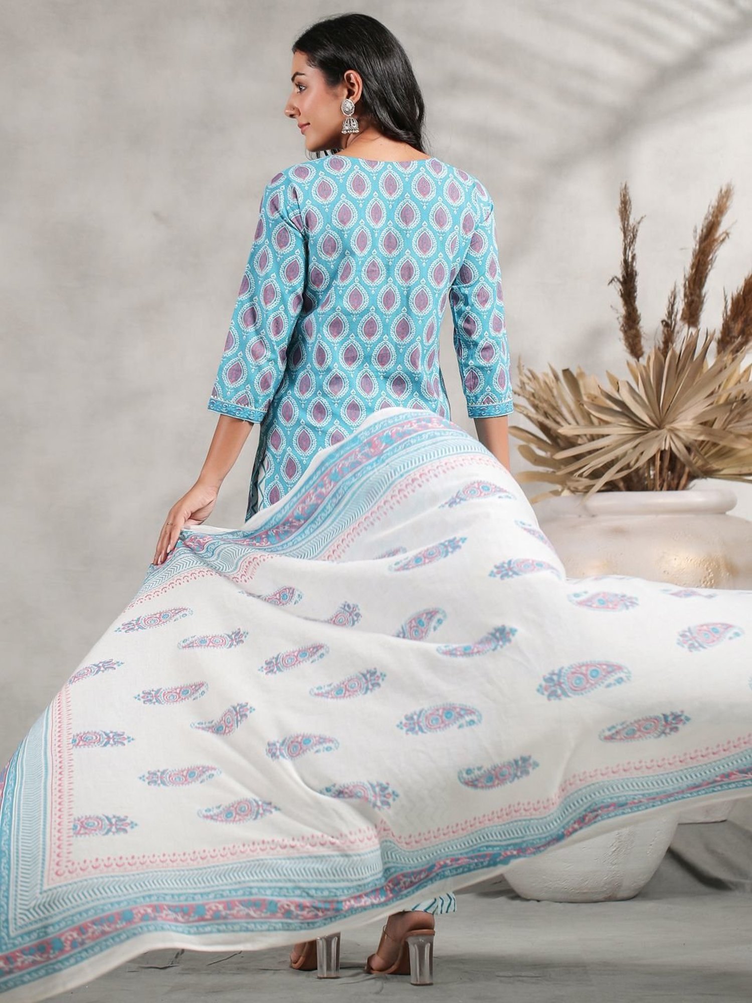 Anubhutee Turquoise Cotton Printed Kurta Pant Set With Dupatta