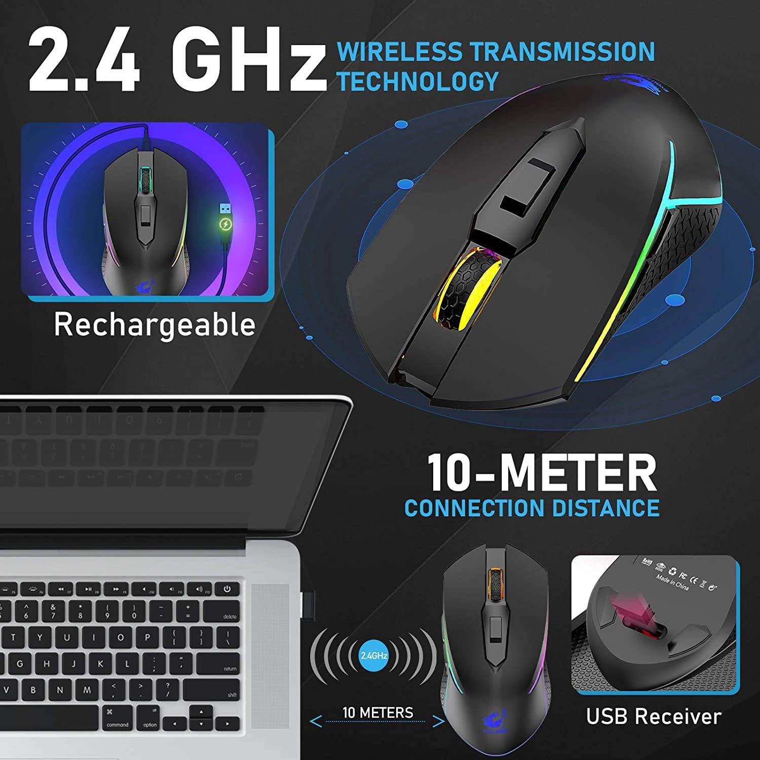 Wireless Gaming Mouse with 2.4Ghz USB Receiver Rainbow RGB Backlight Adjustable DPI Silent Click Rechargeable Ergonomic 6 Buttons Gaming Mouse for Computer Laptop PC Mac Gamer Office Use