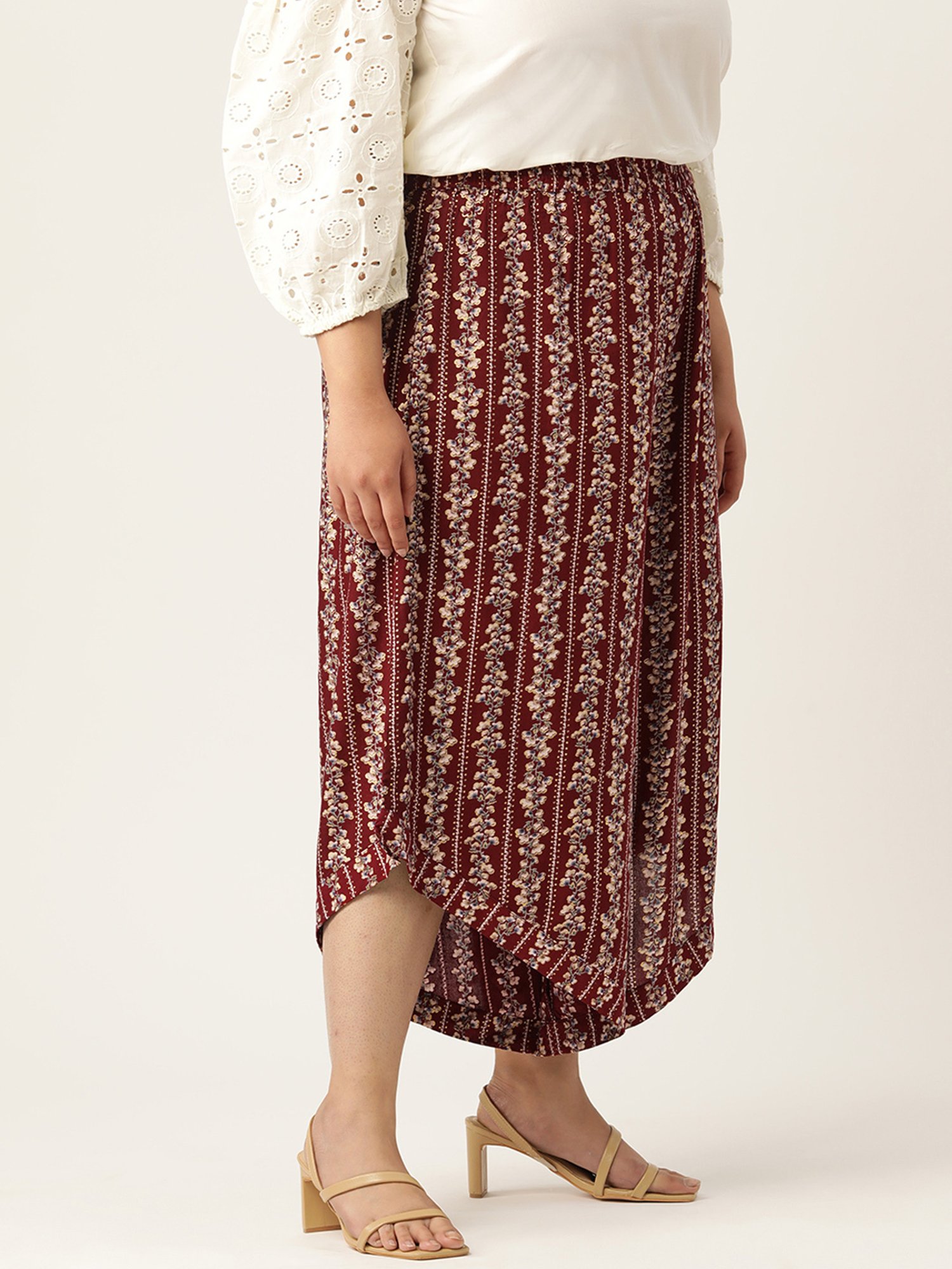 theRebelinme Maroon Floral Print Relaxed Fit High Rise Plus Size Culottes
