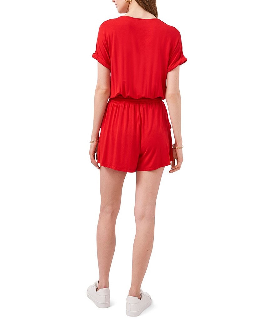 1. STATE V-Neck Short Sleeve Tie Waist Front Pockets Knit Romper