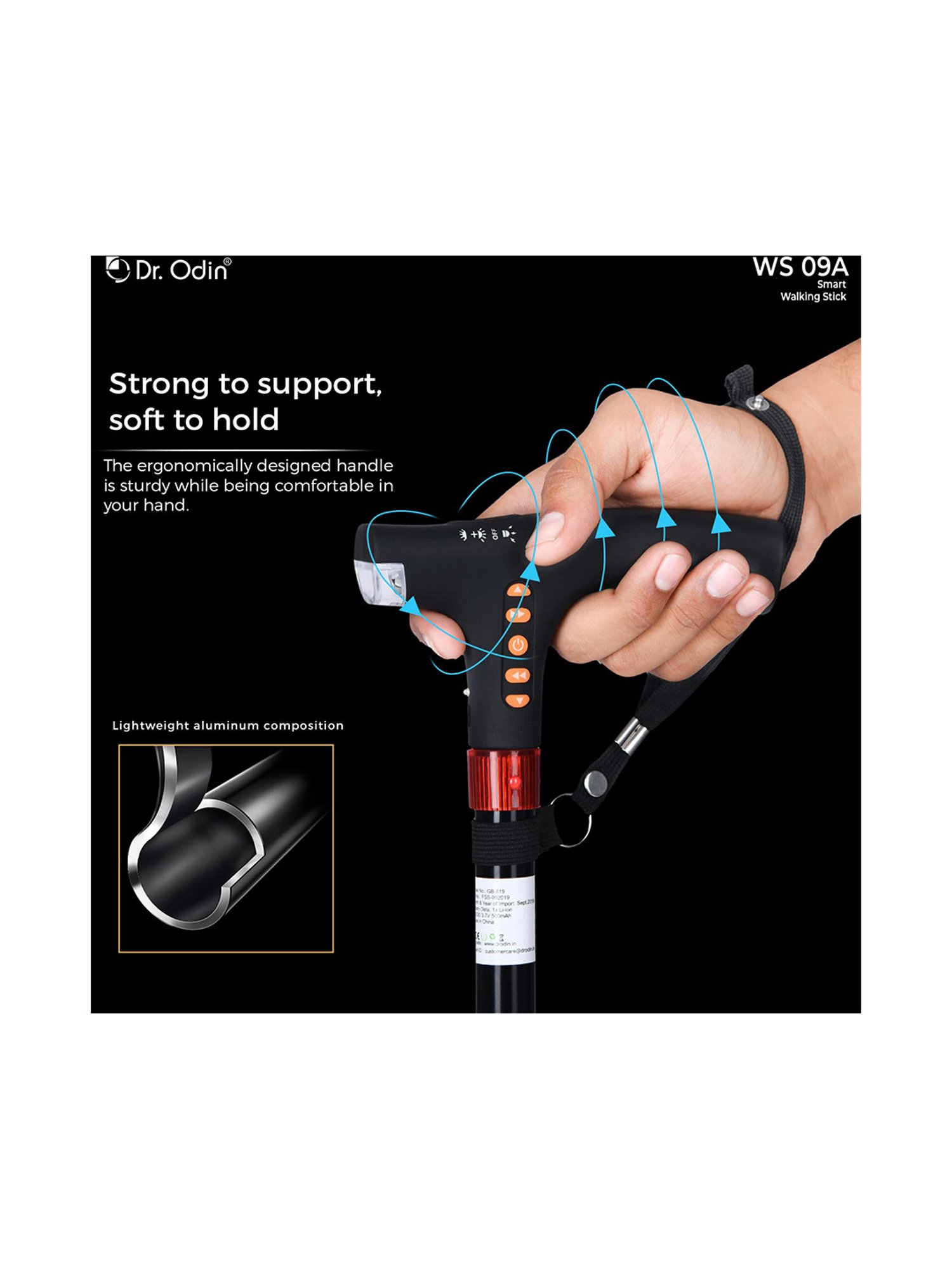 Dr. Odin Foldable Smart Walking Stick with FM Radio and SOS (Black)