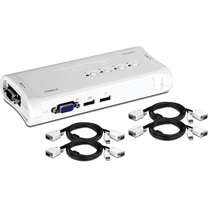 4Port USB KVM Switch Kit VGA USB Connections 2048 x 1536 Resolution Cabling Included Control up to 4 Computers TK407K