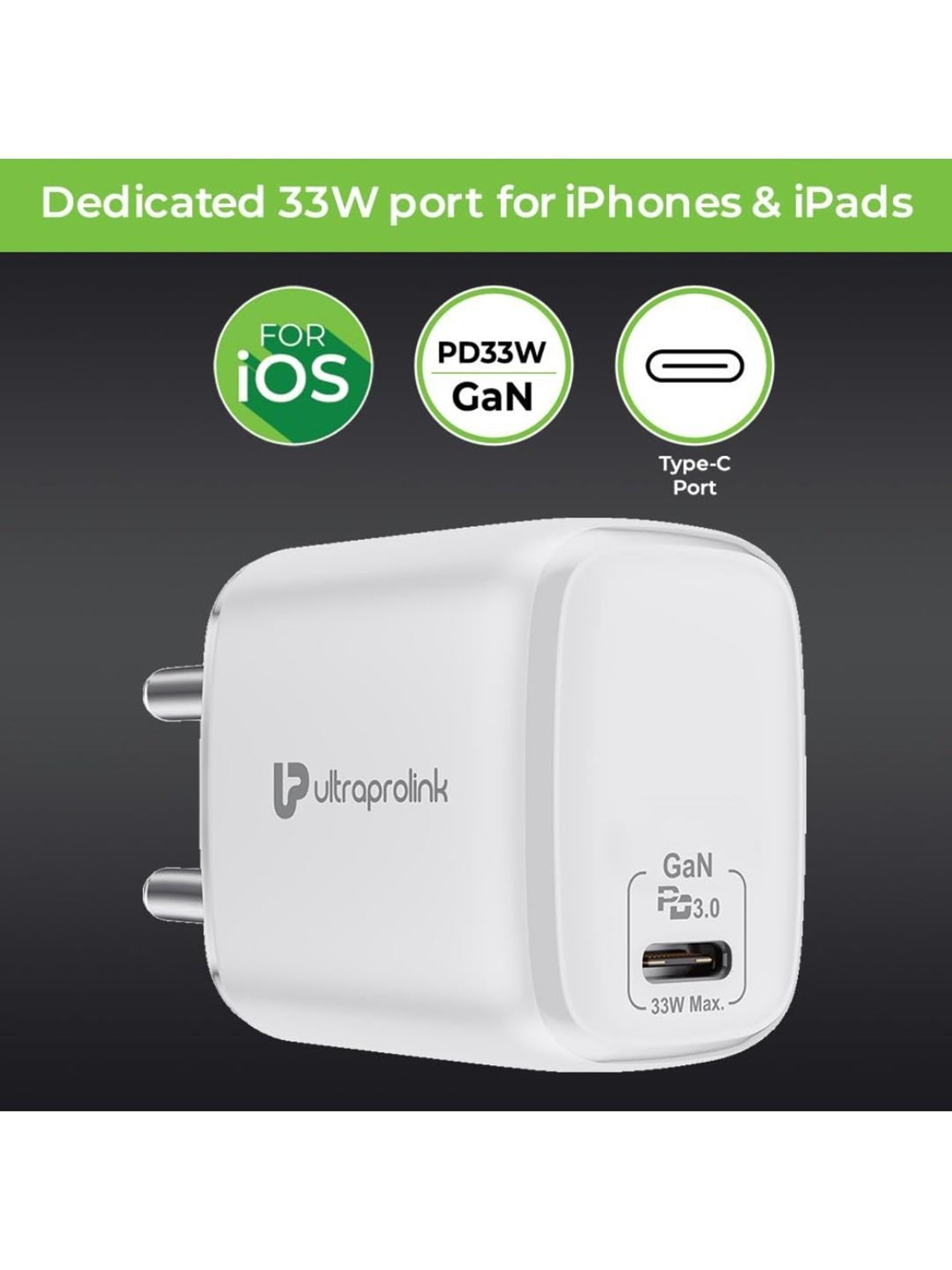 UltraProlink UM1102L Boost PD33L 33W GaN Charger With Type C Port, Type C to iPhone Cable (White)