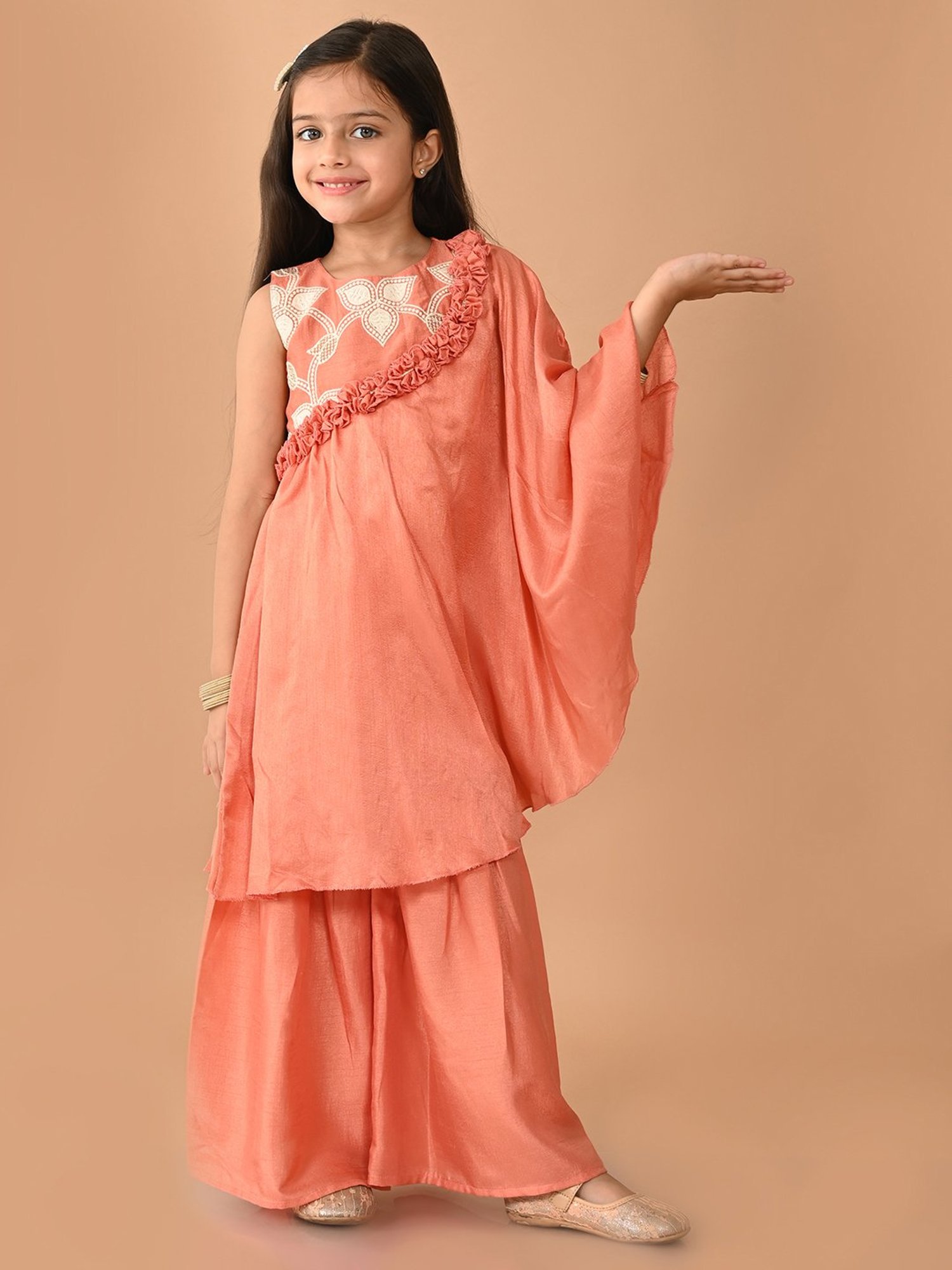 LilPicks Kids Peach Embroidered Full Sleeves Kurta with Sharara