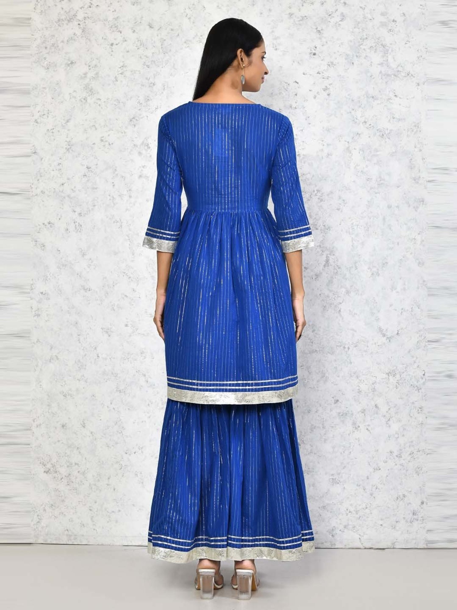 Miravan Blue Cotton Striped Kurta Sharara Set