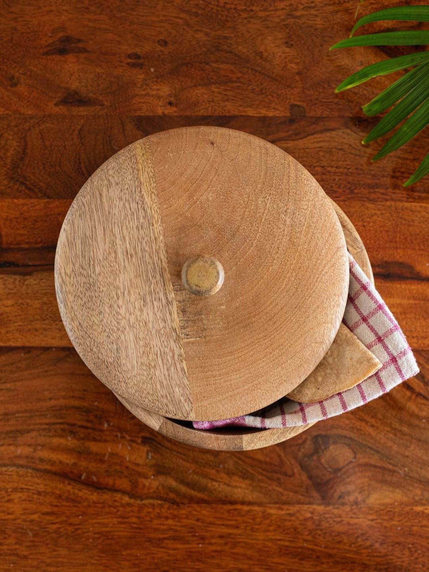 ExclusiveLane Brown Mango Wood Patched Handcarved Casserole Chapati Box With Lid (1.14 L)