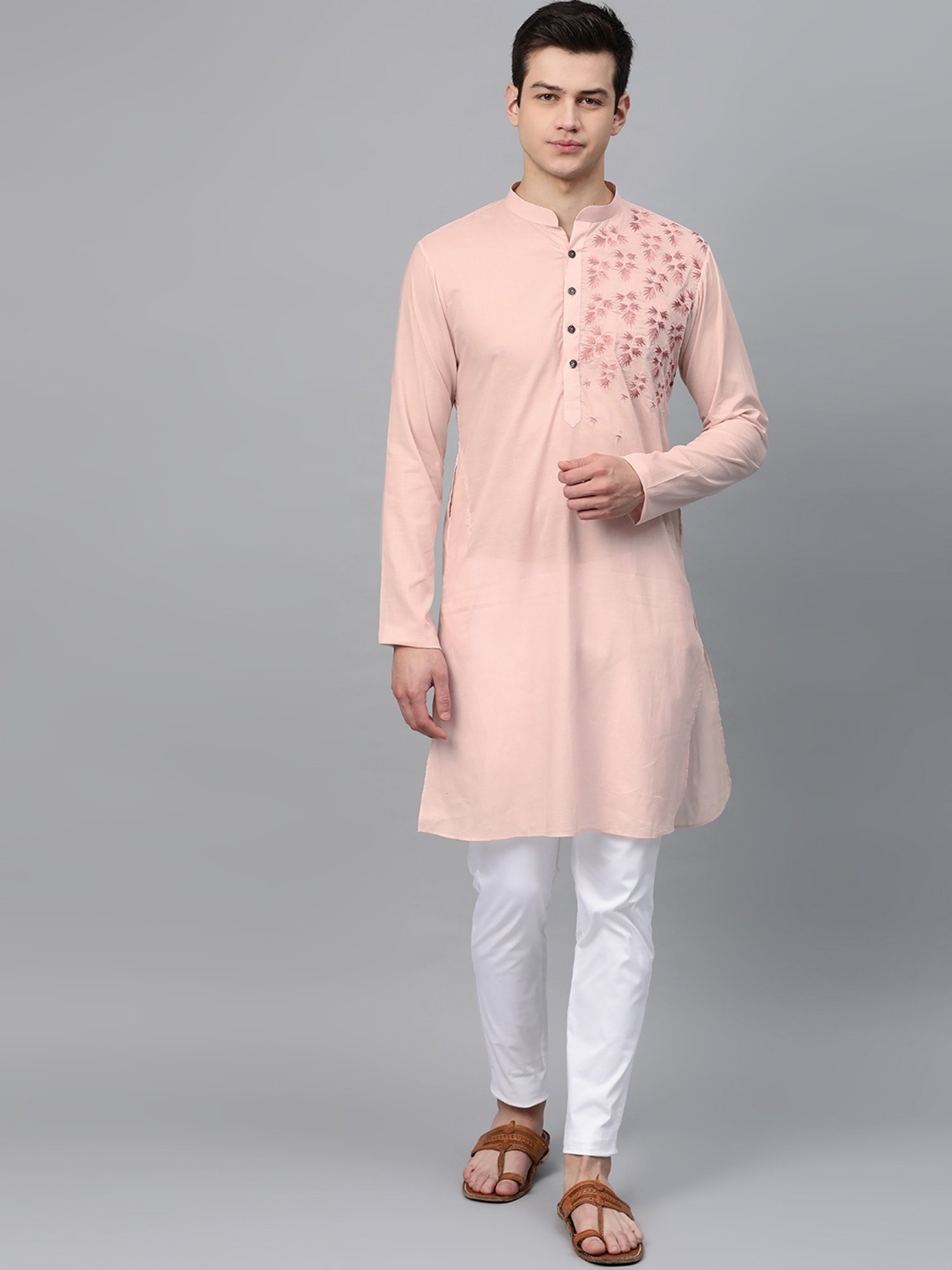 See Designs Pink & White Cotton Regular Fit Embroidered Kurta Bottom Set