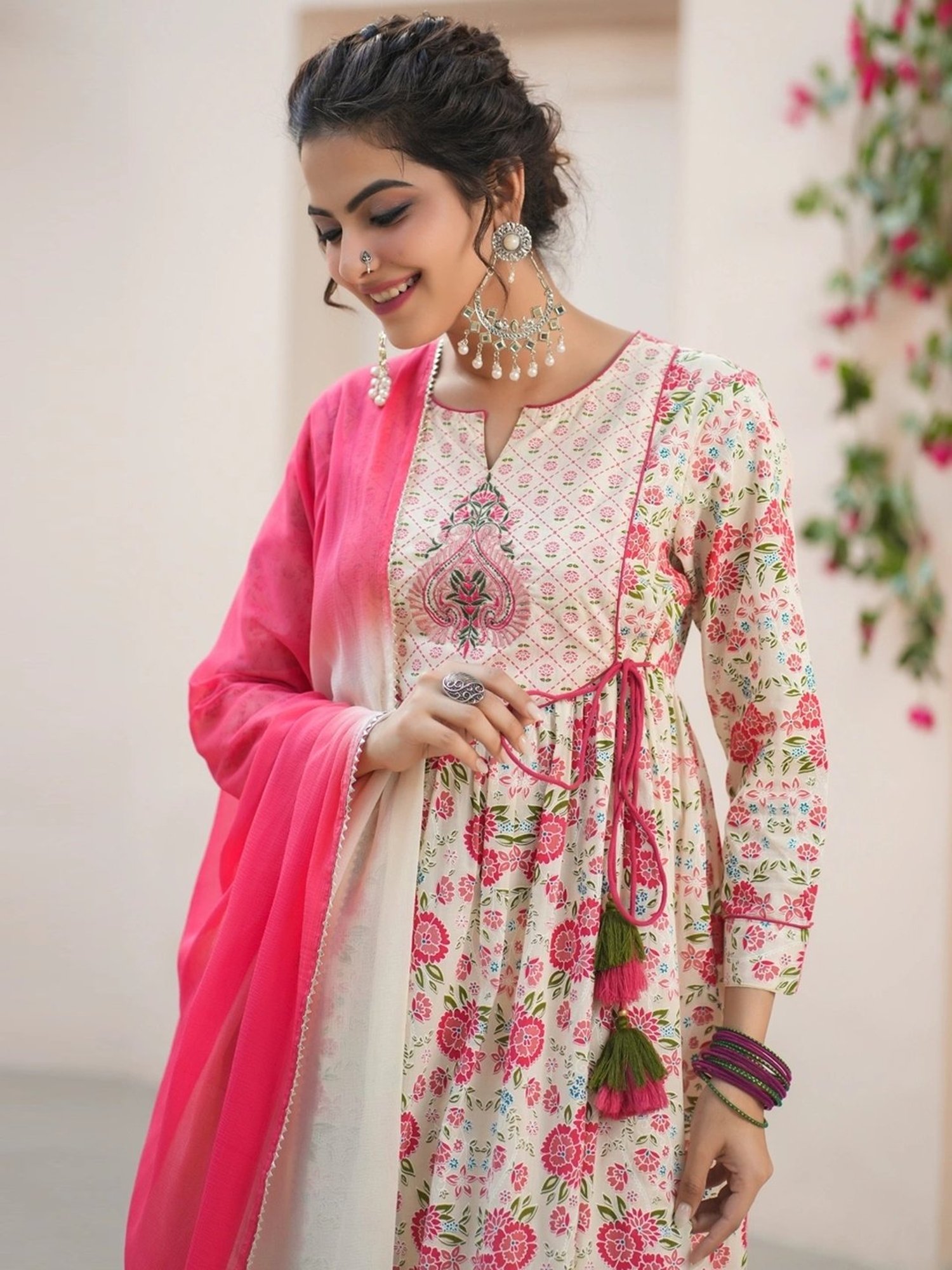 Rain and Rainbow Cream Cotton Embroidered Kurta & Salwar Set With Dupatta