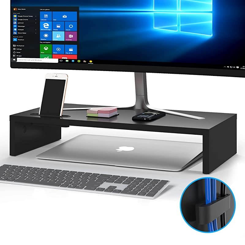 Monitor Stand Riser 213 Inch Wood Monitor Riser Stand with Storage Organizer Desktop Ergonomic Monitor Stand Riser with Cellphone Holder and Cable Management Black
