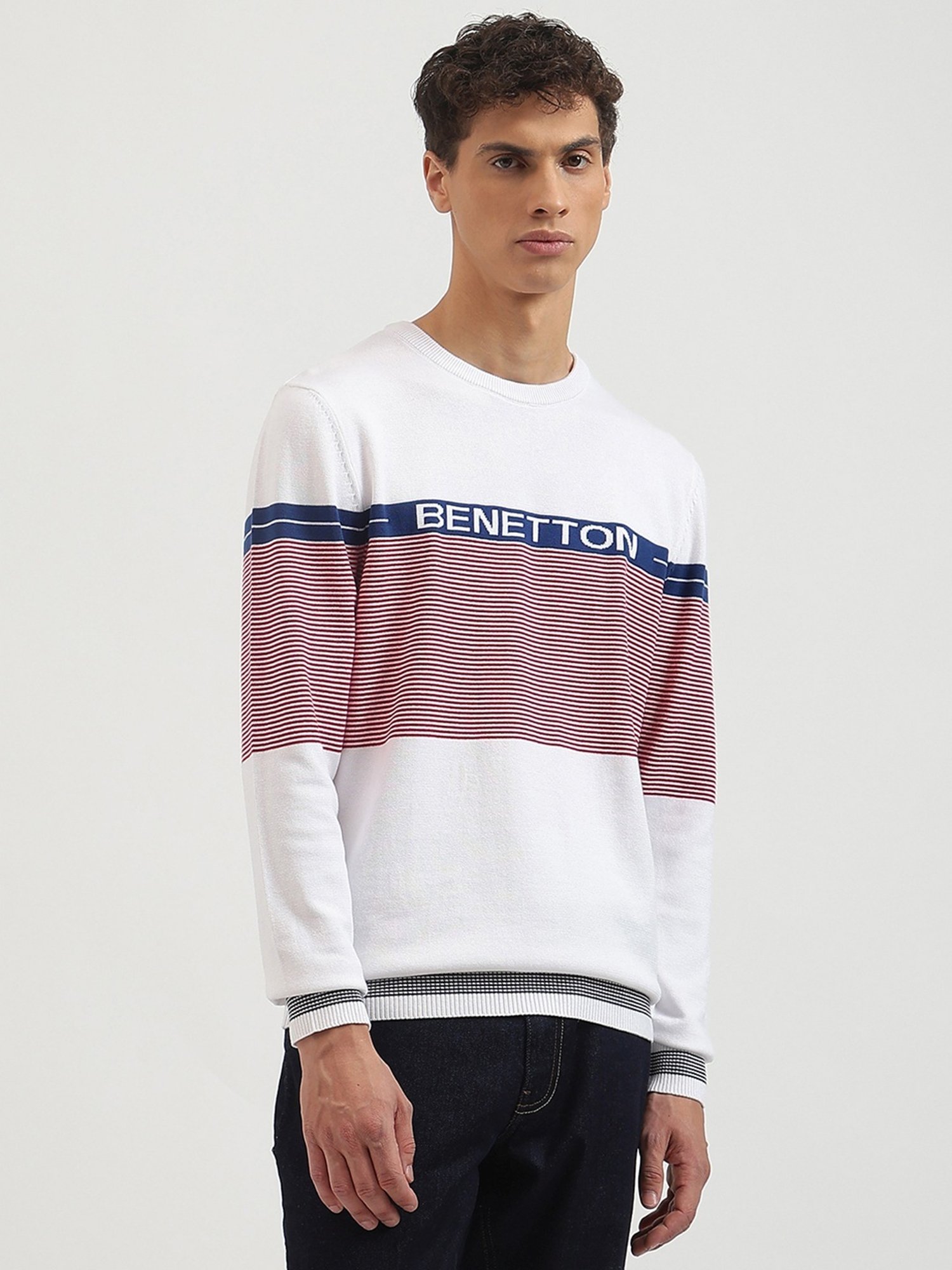 United Colors Of Benetton White Regular Fit Striped Sweater