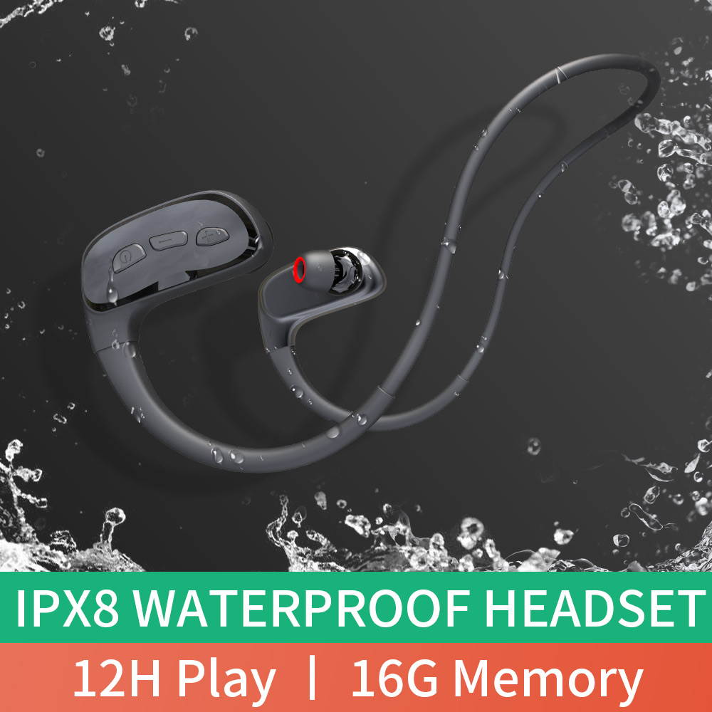 Cyboris IPX8 Waterproof Wireless Stereo Earphone BT Sports Headset Earphones Earbuds with 16GB Memory Card