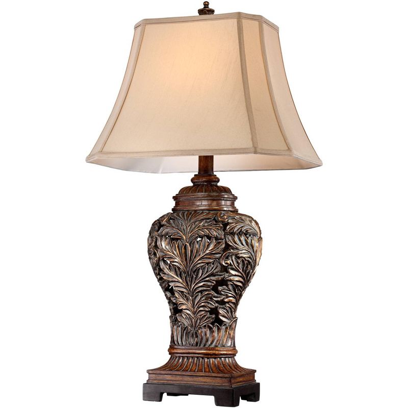 Barnes and Ivy Traditional Table Lamps Set of 2 Bronze Curling Leaves Tan Rectangular Shade for Living Room Family Bedroom Bedside