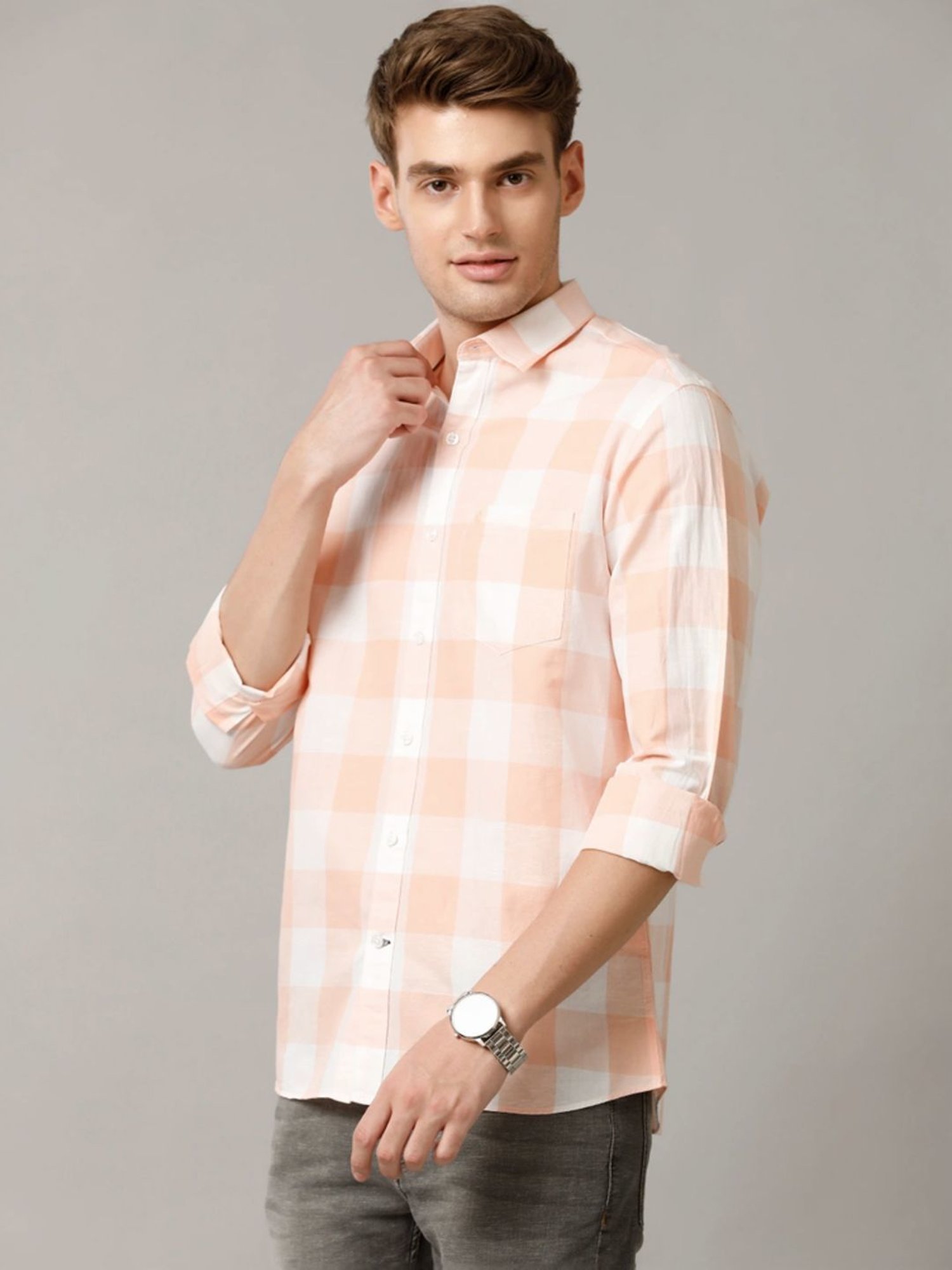 Cavallo By Linen Club Orange Linen Contemporary Fit Checks Shirt