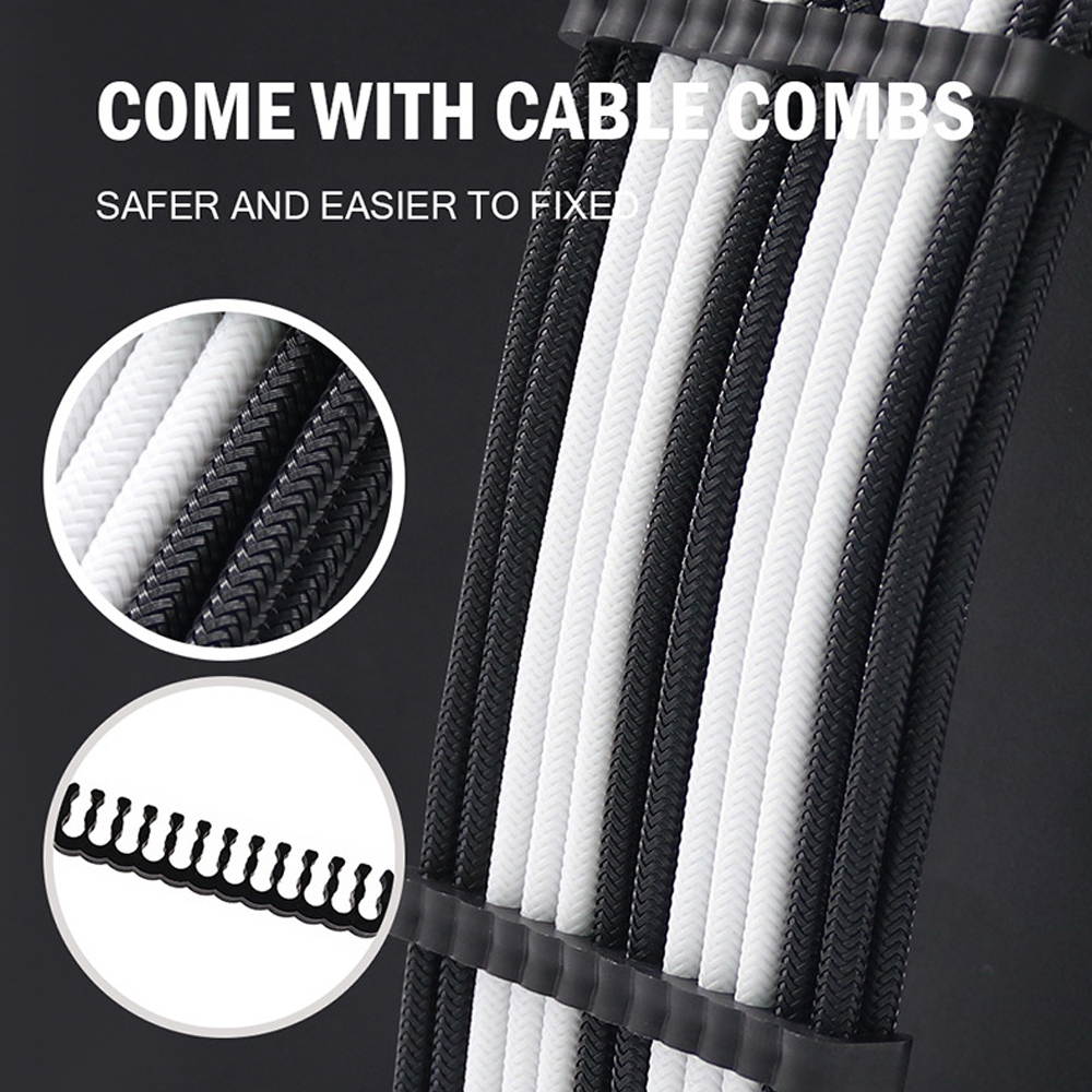 Vicabo QH-LU-025 11.81 in. Braided ATX Sleeved Cable Extension Power Supply Cable Kit PSU Connectors, 24 Pin ATX, 4+4 Pin EPS, 8-pin PCI-E, 6-pin PCI-E with Combs (Black & White)