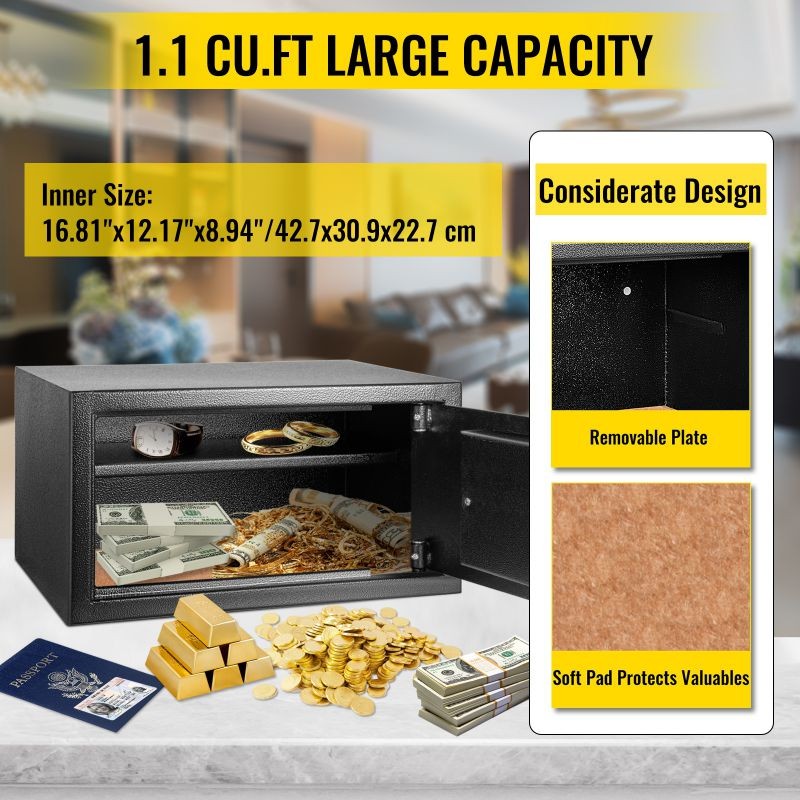 VEVOR Security Safe 1 Cubic Feet, Electronic Safe Box, with LCD Screen and Keypad Lock, Digital Safe Box, with Two Keys, Solid Steel Construction Great for Home, Hotel and Office