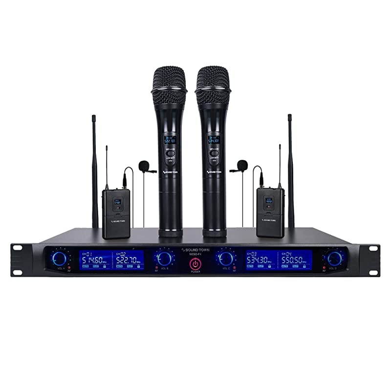 4 Channels Professional UHF Wireless Microphone System with Rack Mountable Metal Receiver, 2 Handheld Mics, 2 Lavalier Mics and 2 Bodypack Transmitters, for Church, School and Karaoke