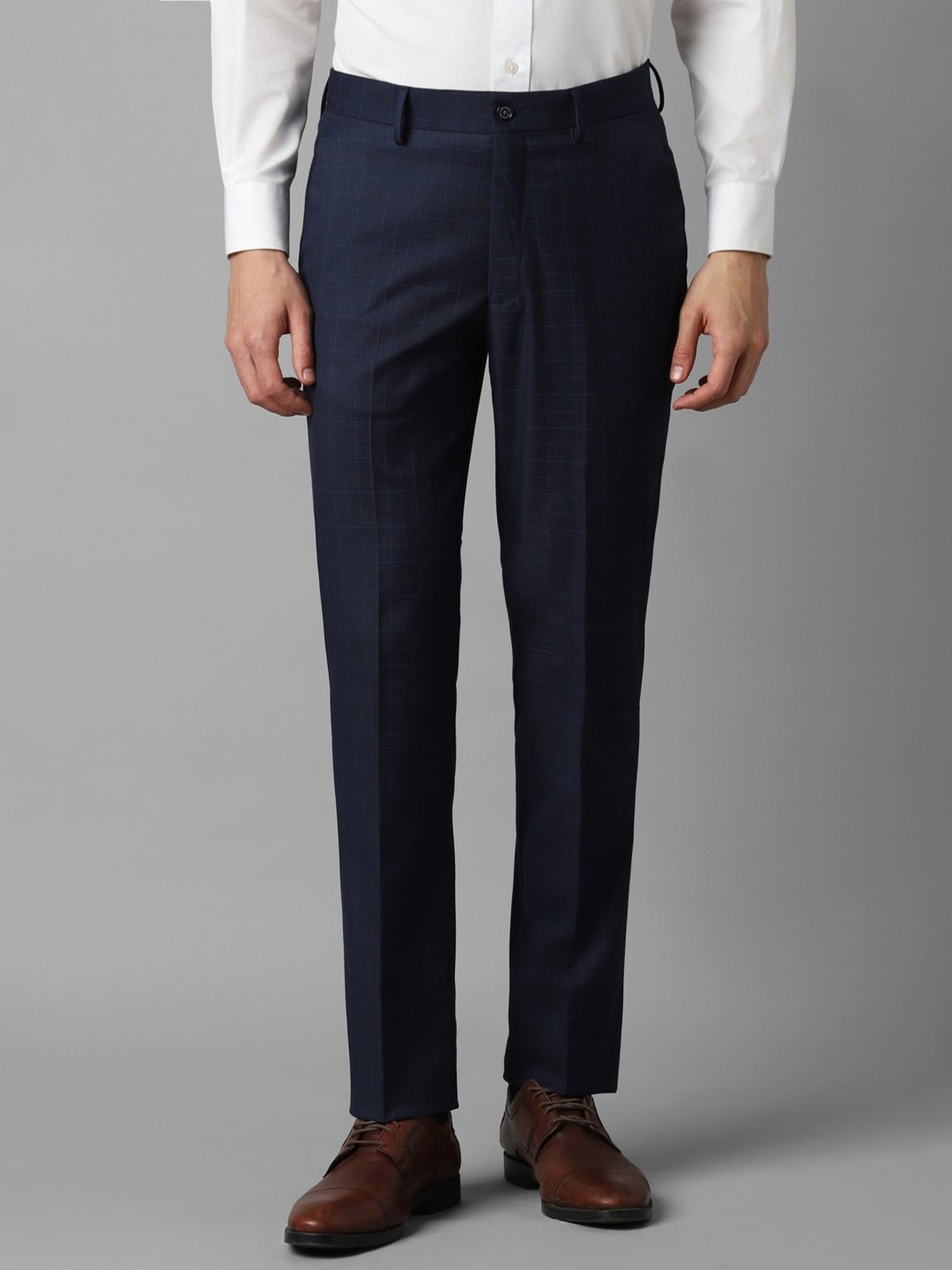 Louis Philippe Navy Slim Fit Checks Trousers