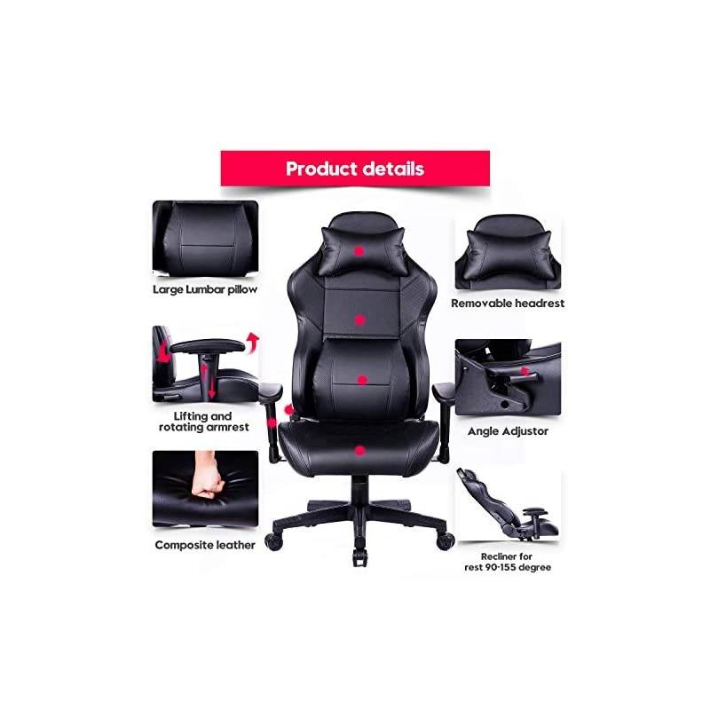 Gaming Chair Racing Office Chair - Adjustable Lumbar Cushion, Retractable Footrest and Arms High Back Ergonomic Leather Computer Desk Chair