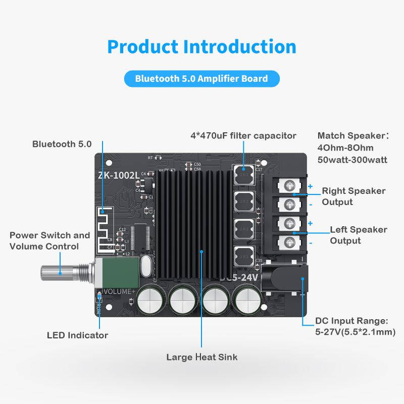 Fosi Audio Bluetooth 5.0 TPA3116D2 Digital Amp Module 100Wx2 Wireless Stereo Power Audio Amplifier Board ZK1002L