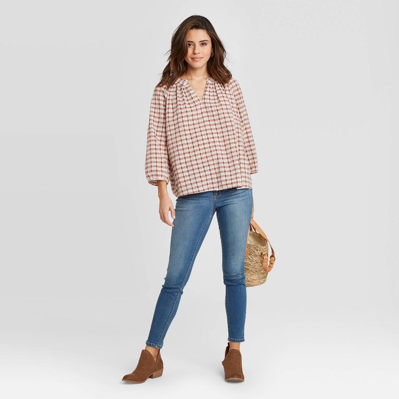 Women's Plaid Long Sleeve V-Neck Shirt - Universal Thread™ Tan XL