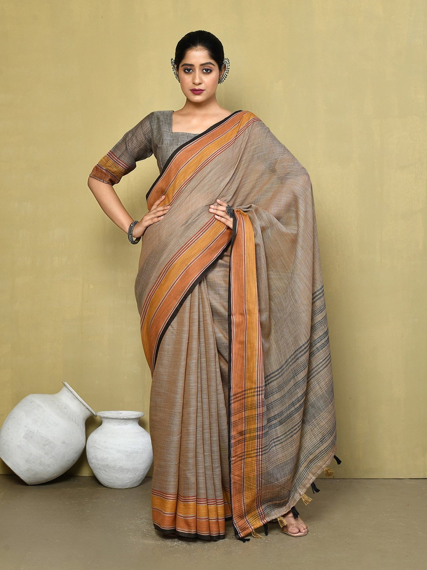 Elora Brown Linen Striped Saree With Blouse