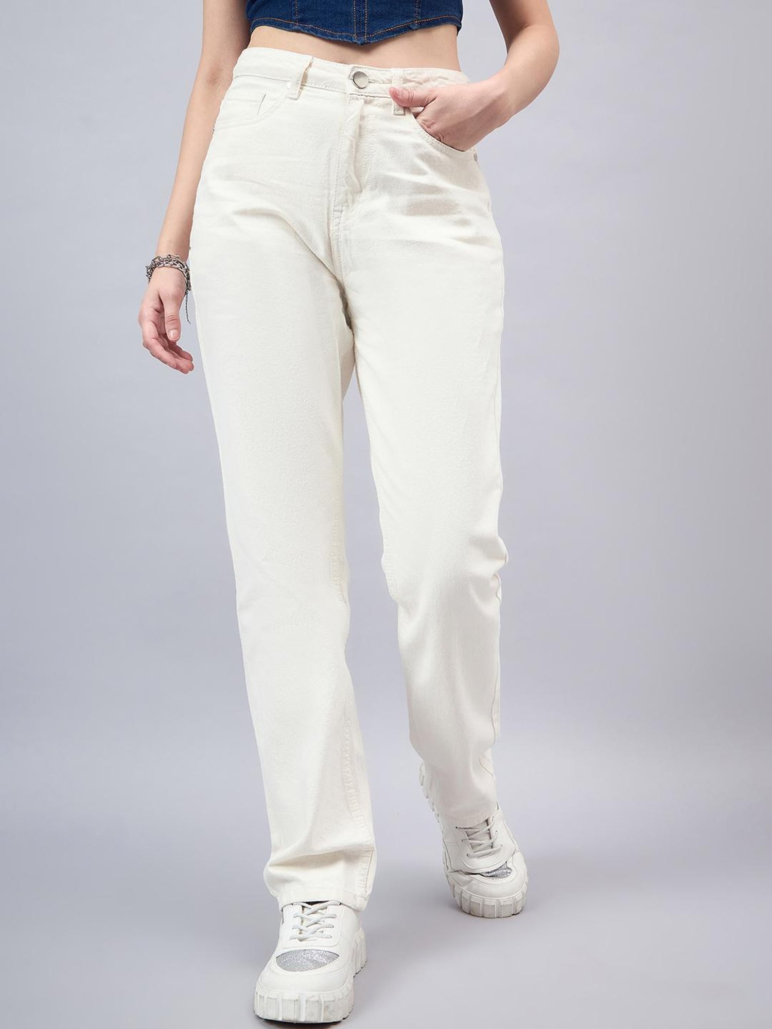 Style Quotient White Cotton Regular Fit Jeans